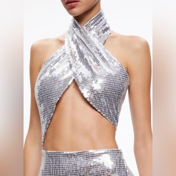 Alice + Olivia May Halter Neck Silver Sequin Maxi Gown - Picture 4 of 13